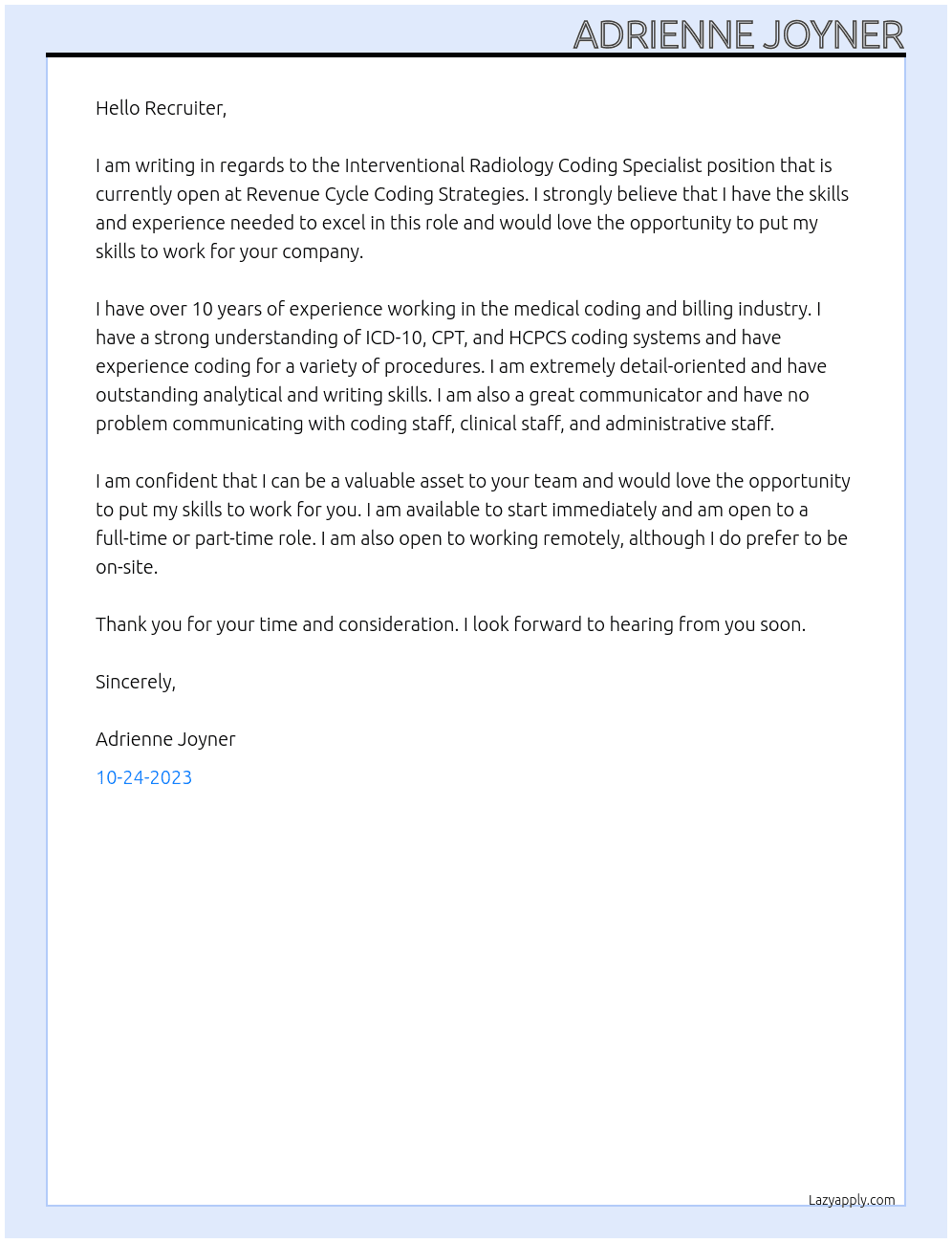 Interventional Radiology Coding Specialist At Revenue Cycle Coding Strategies Cover Letter