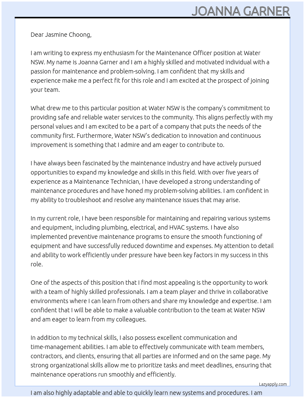 Maintenace Officer  At Water NSW Cover Letter