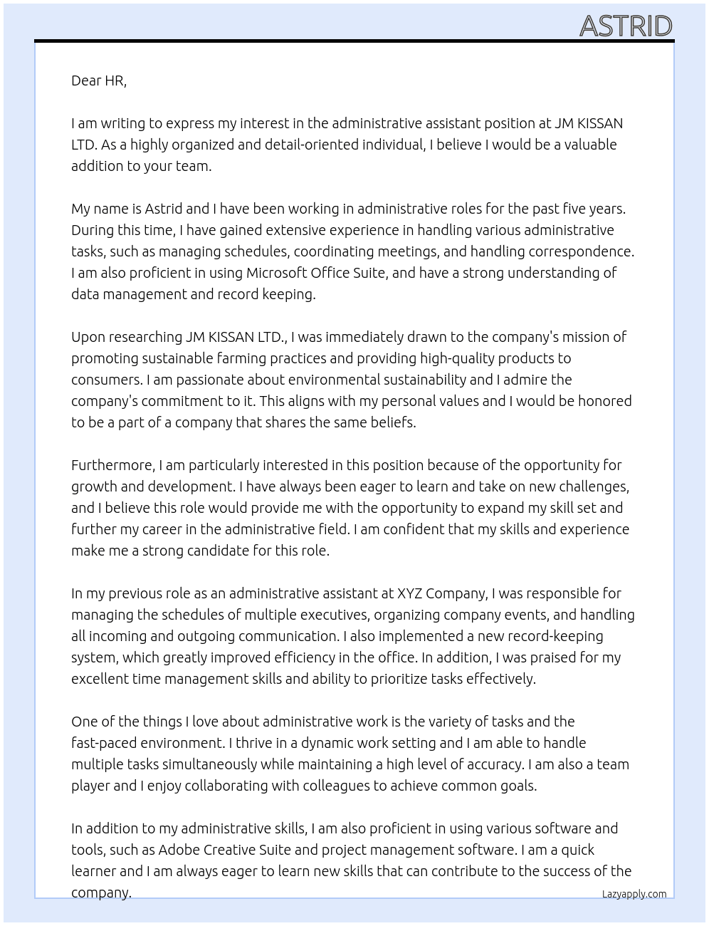 administrative assistant At JM KISSAN LTD. Cover Letter