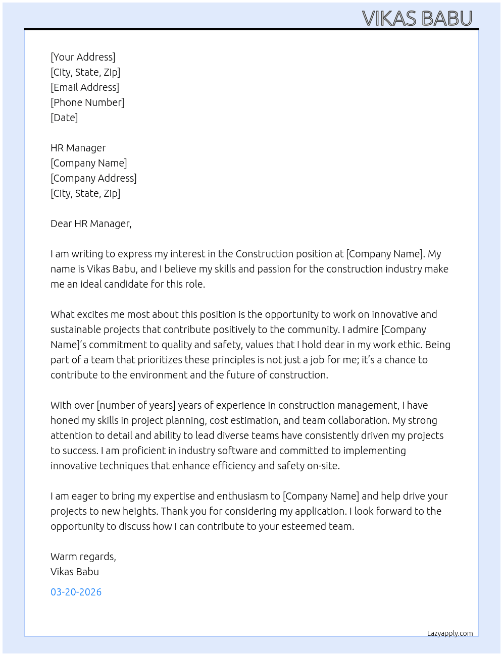 Construction  At NA Cover Letter