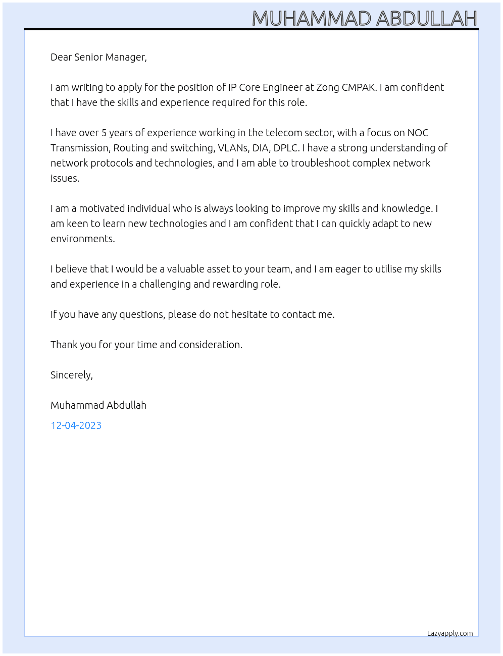 IP Core Engineer At Zong CMPAK Cover Letter