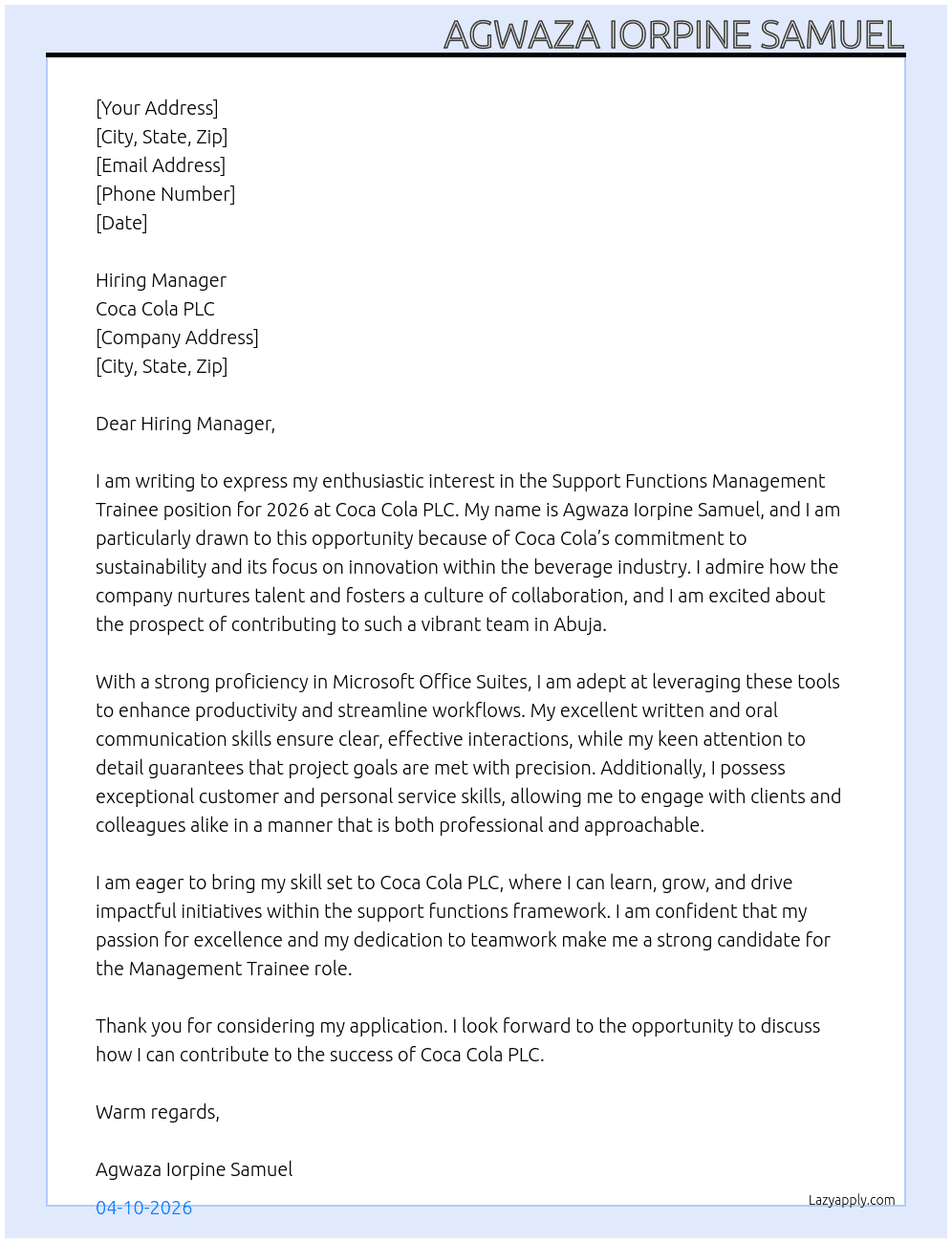 Support Functions Management Trainee 2026 At COCA COLA PLC Cover Letter