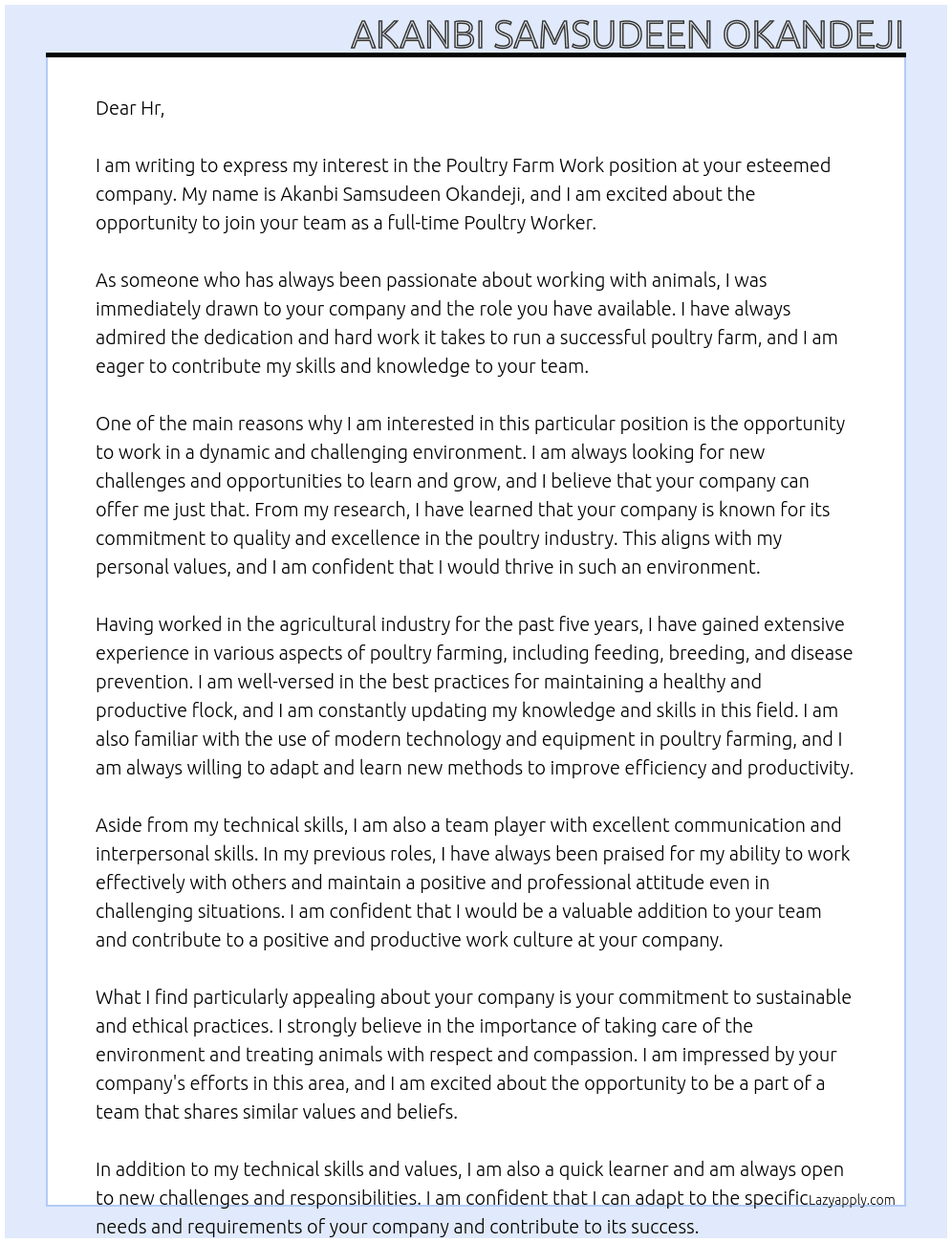 Cover letter for poutry farm work - LazyApply