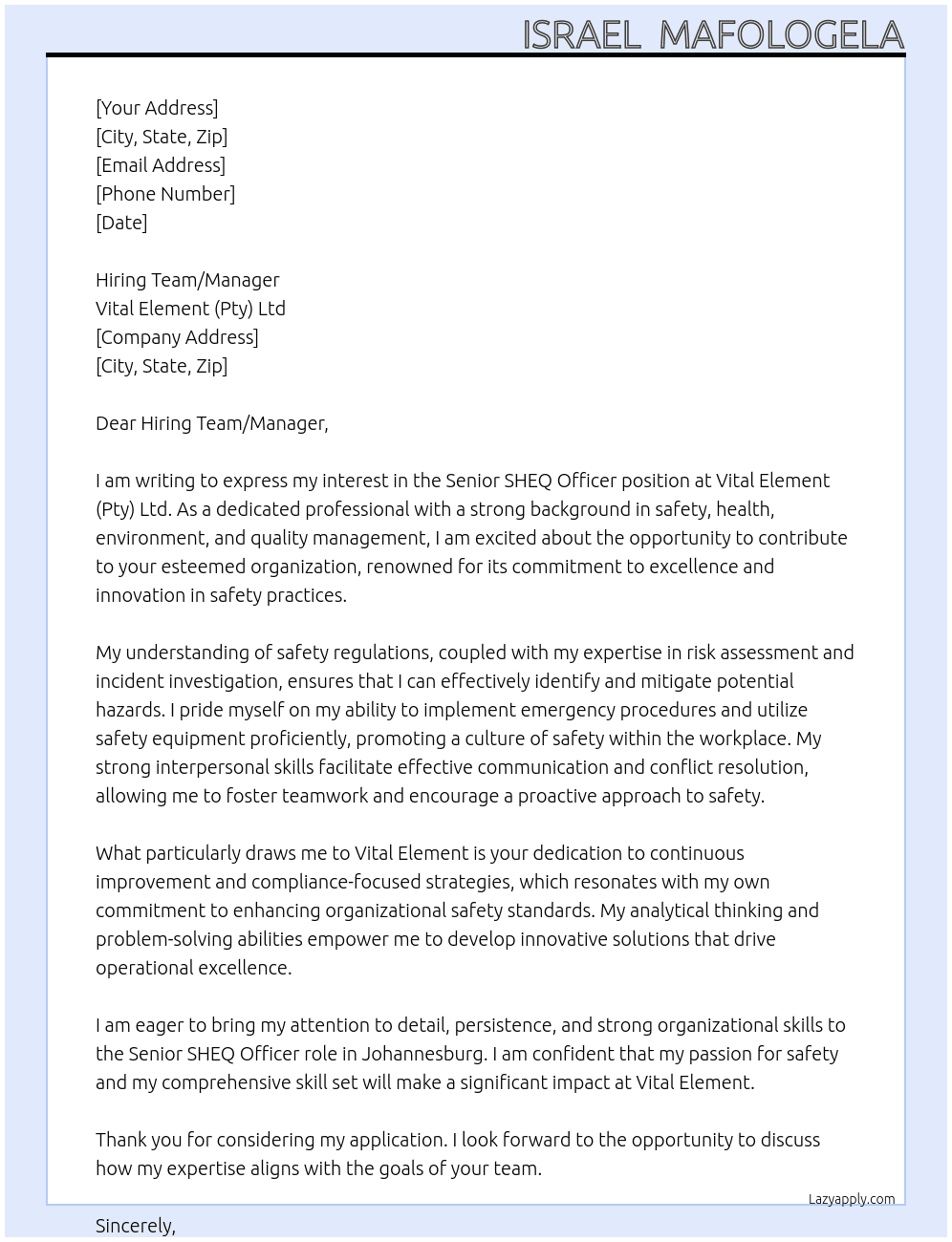 Cover letter for senior sheq officer - LazyApply