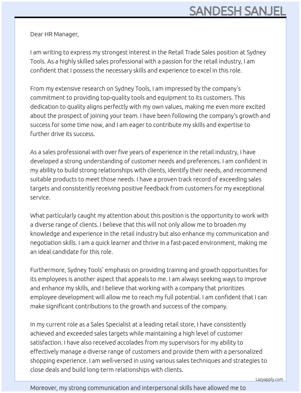 Retail Trade Sales At  Sydney Tools  Cover Letter
