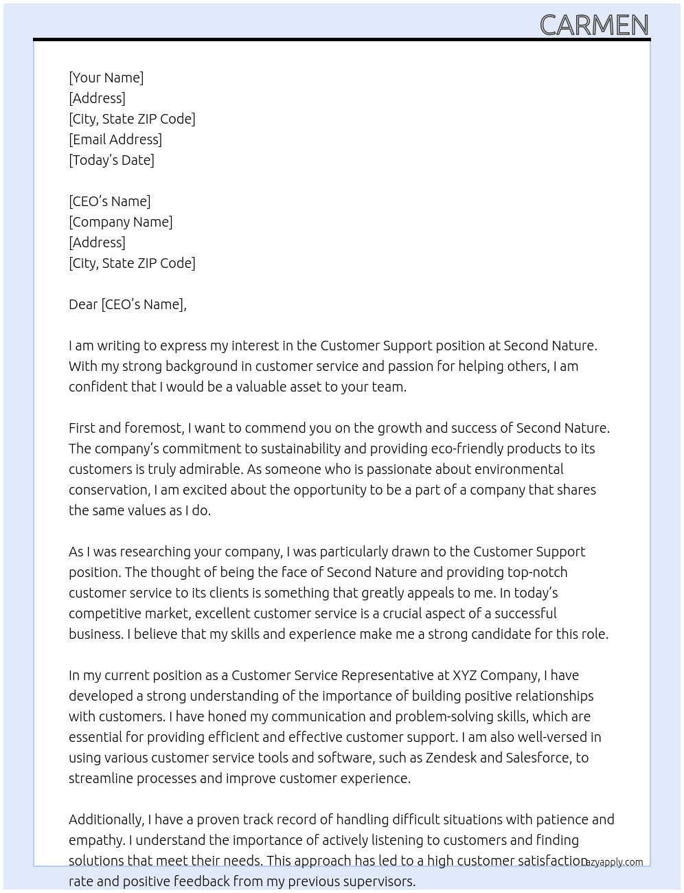 Customer support  At Second nature Cover Letter