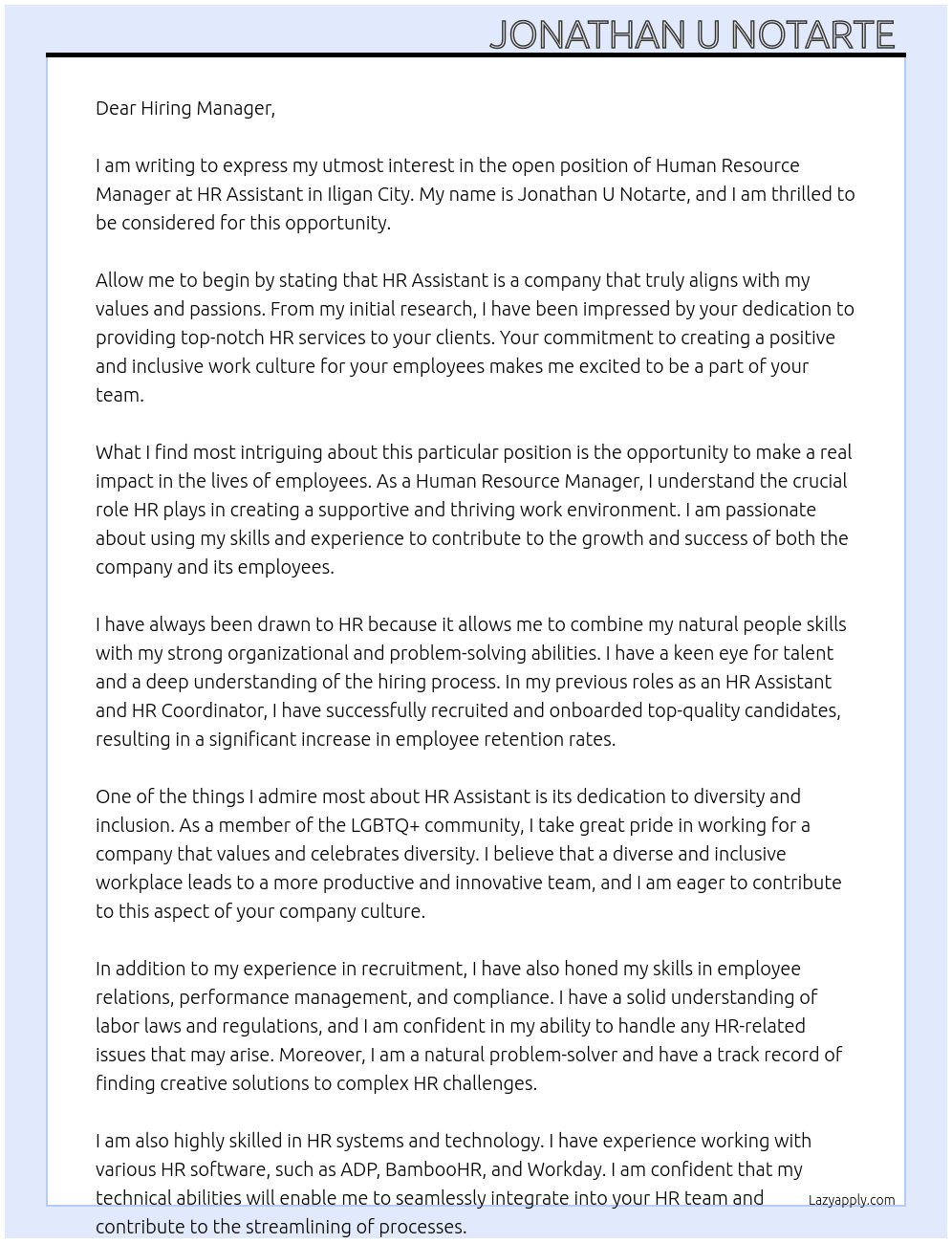 Human resource manager  At HR Assistant Cover Letter