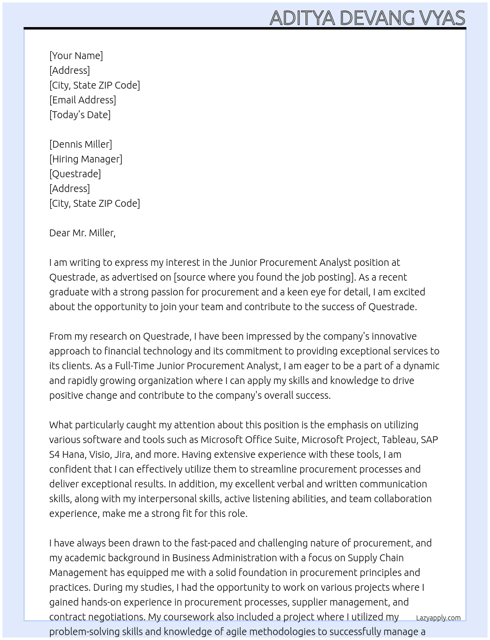 Junior Procurement Analyst At Questrade Cover Letter