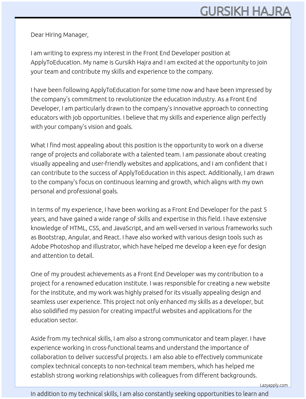 Front End Developer At ApplyToEducation Cover Letter