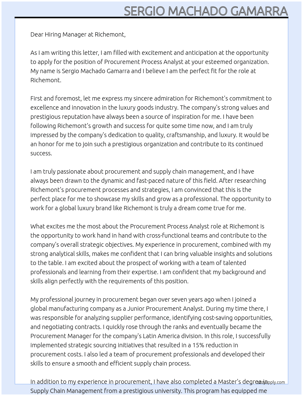 Procurement Process Analyst At Richemont Cover Letter