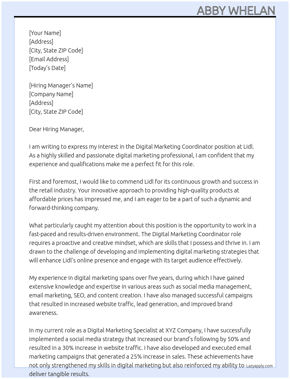 Digital Marketing Coordinator  At Lidl Cover Letter