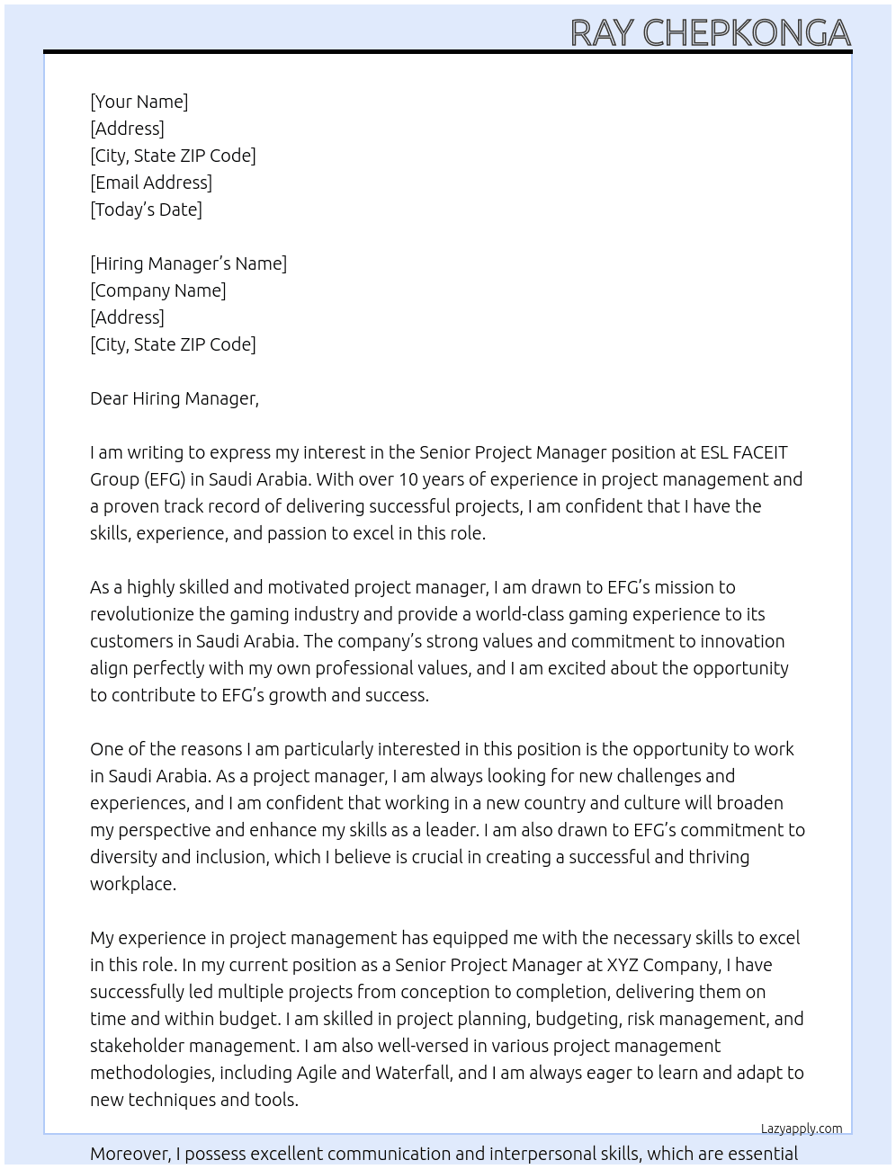 Senior Project Manager At ESL FACEIT Group - EFG - Saudi Arabia Cover Letter