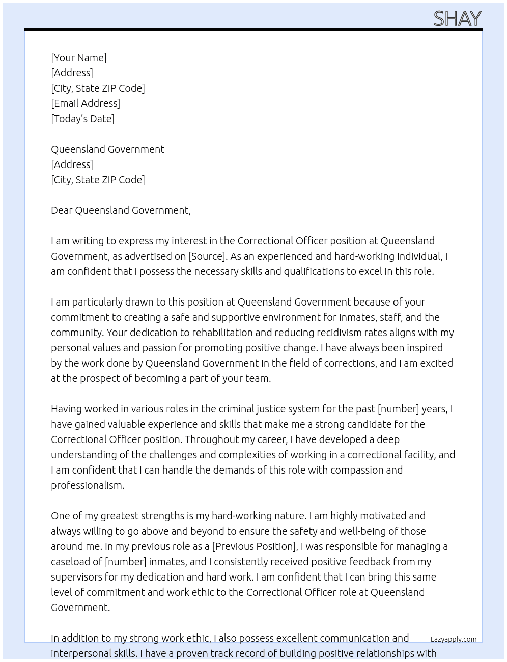 Correctional Officer At Queensland Government Cover Letter