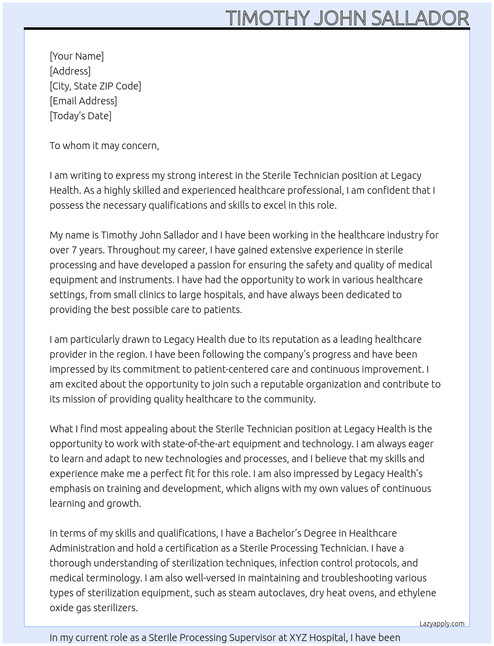 Sterile Technician At Legacy Health Cover Letter