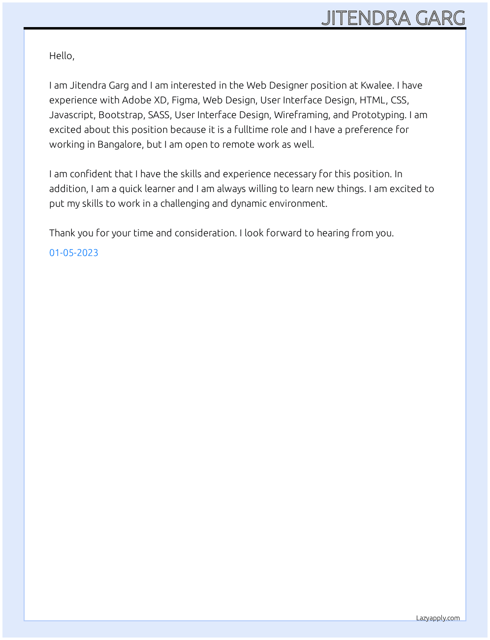 Web Designer At Kwalee Cover Letter