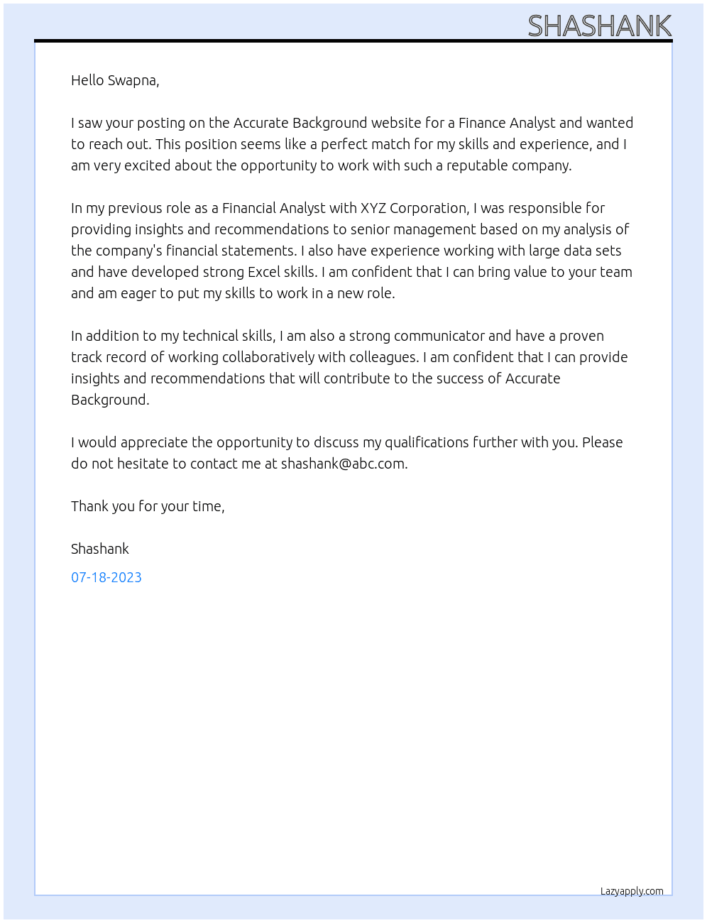 Finance Analyst At Accurate Background Cover Letter