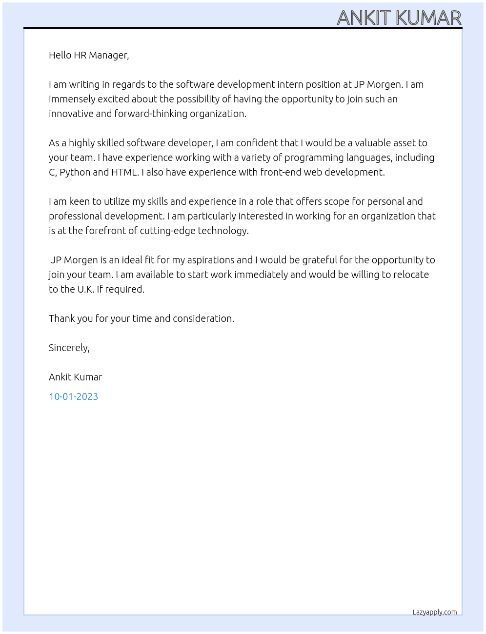 software development intern At JP Morgen Cover Letter