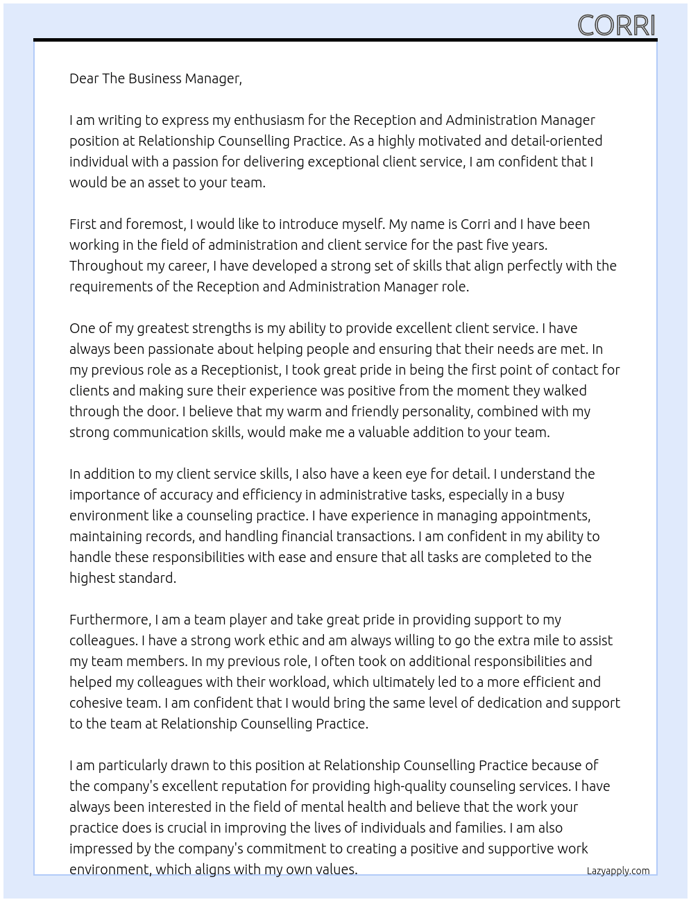 Reception and Administration Manager At Relationship Counselling Practice Cover Letter