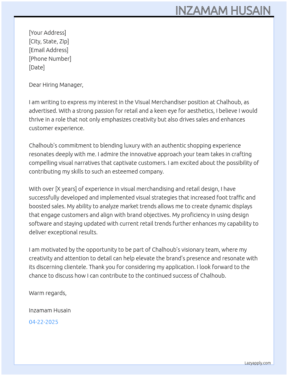 Visual merchandiser  At Chalhoub  Cover Letter