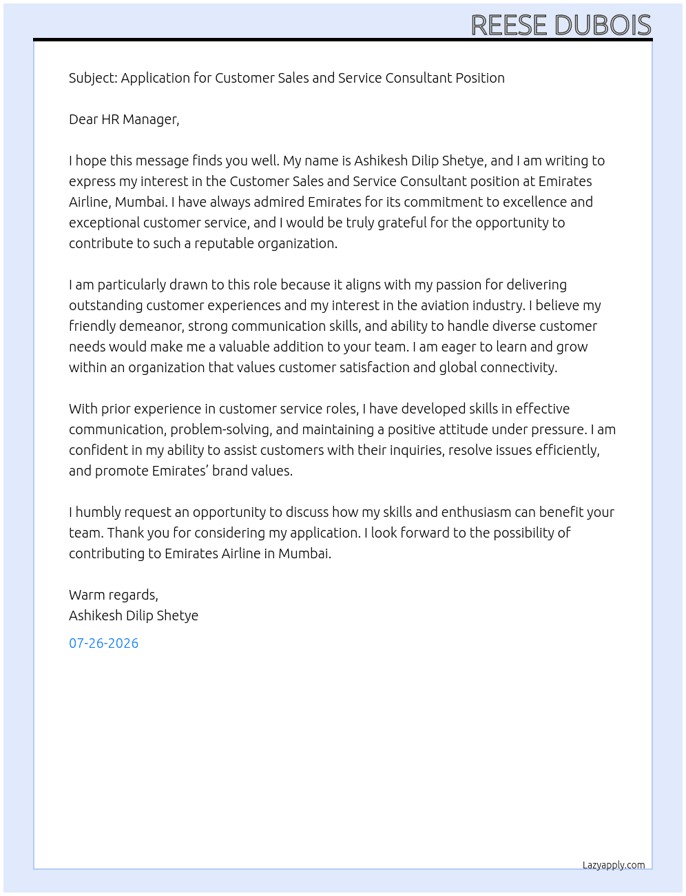 Cover letter for customer sales and service consultant - LazyApply