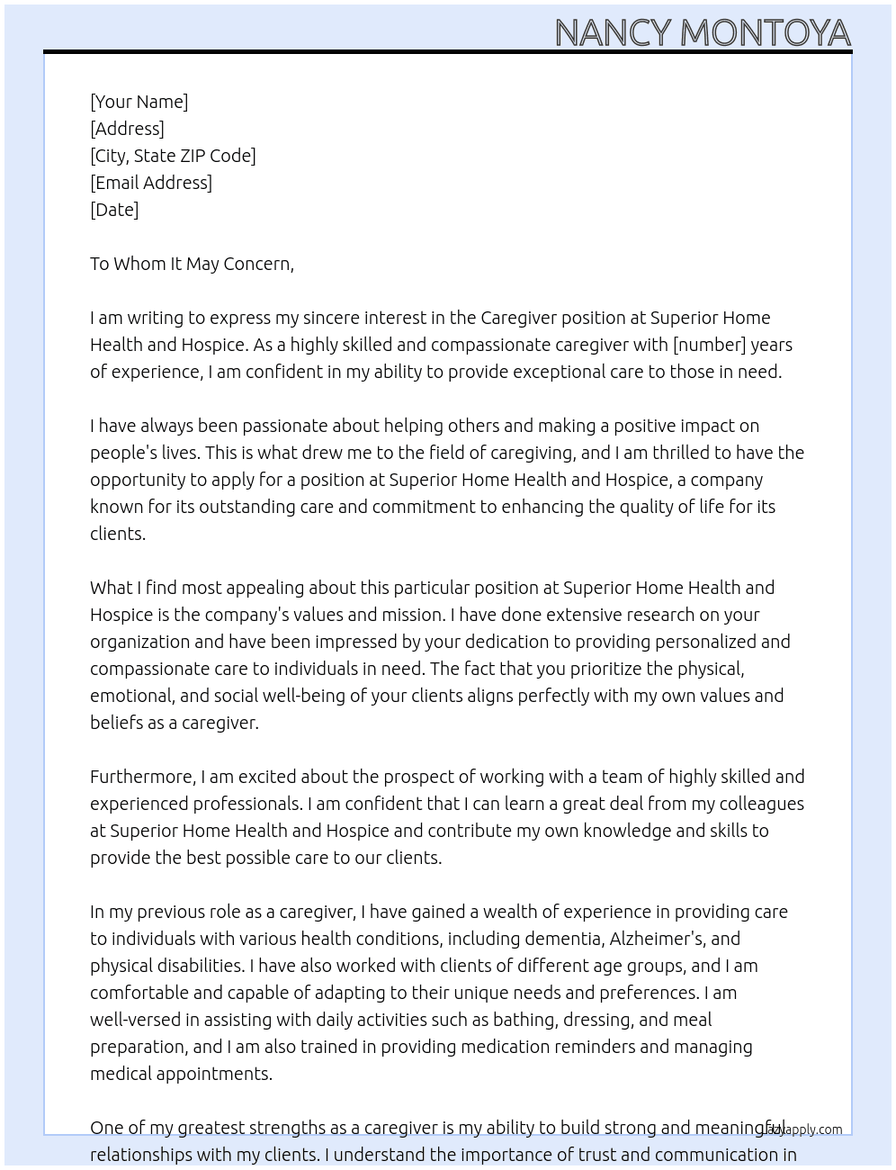 Caregiver At Superior Home Health and Hospice Cover Letter