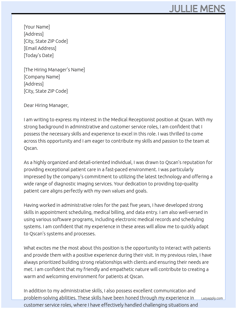 Medical Receptionist At Qscan Cover Letter