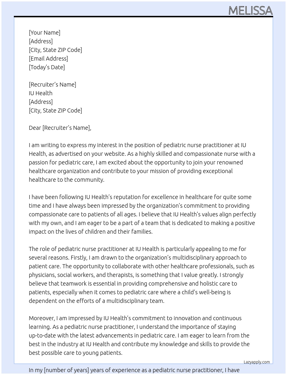pediatric nurse practitioner At IU health Cover Letter