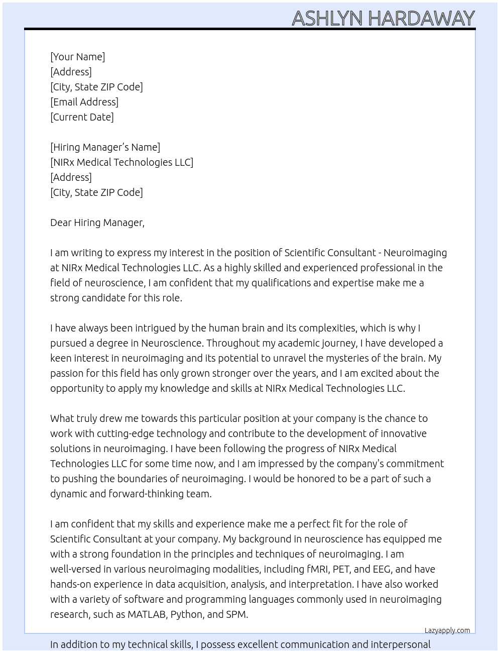 Scientific Consultant - Neuroimaging At NIRx Medical Technologies LLC Cover Letter