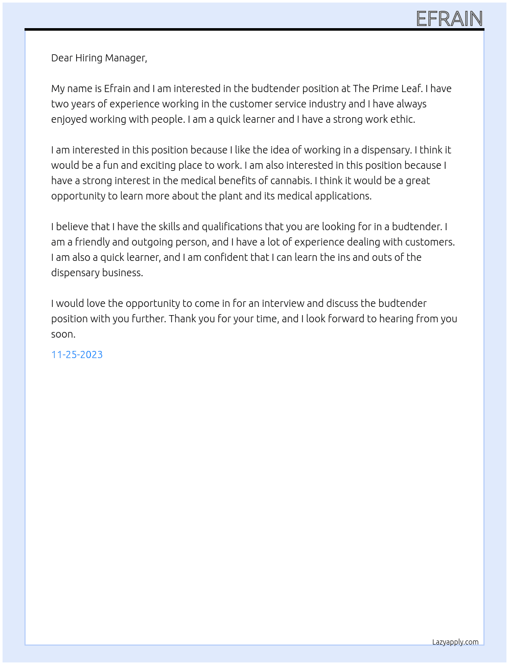 budtender At The Prime Leaf Cover Letter