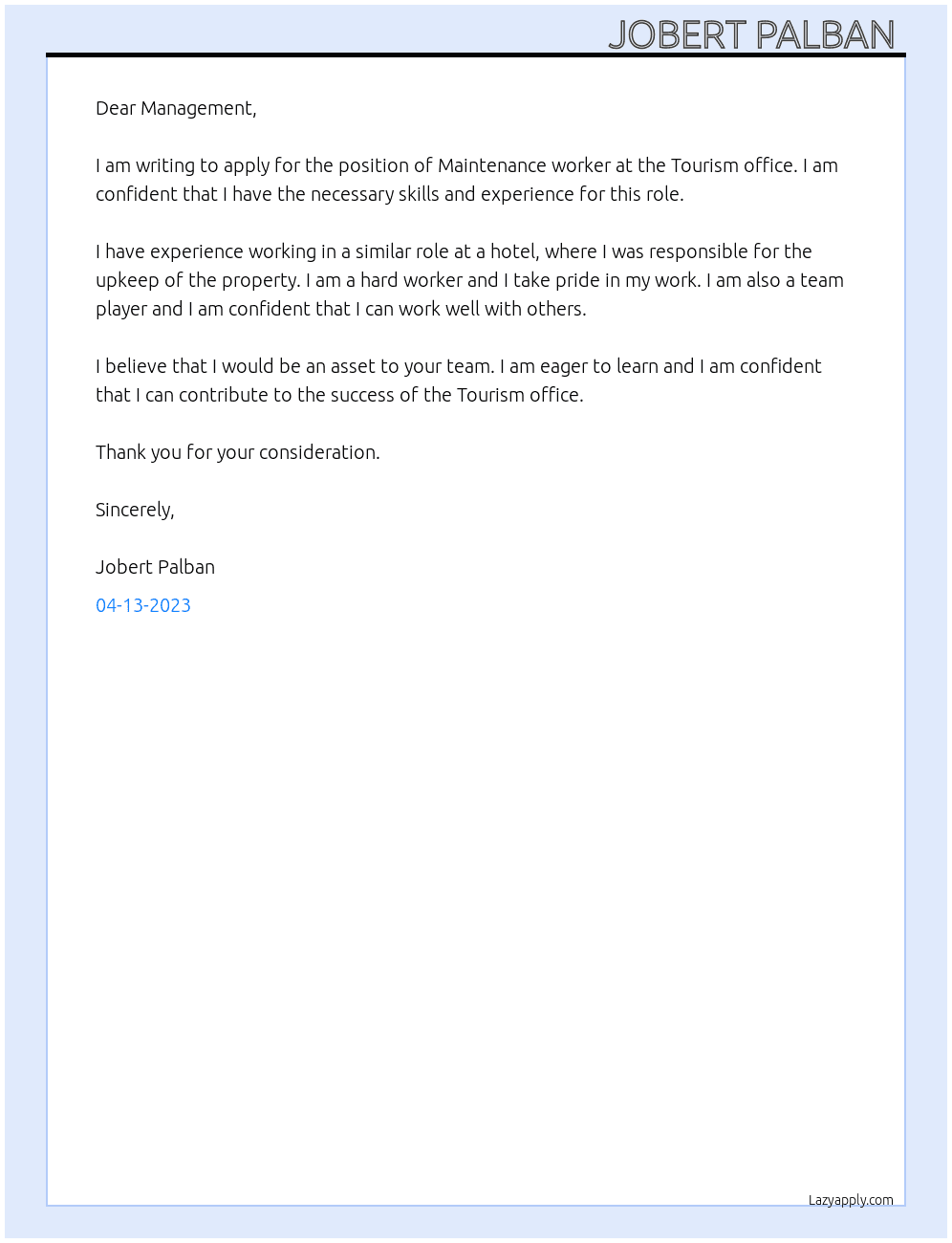 Maintenance worker  At Tourism office  Cover Letter