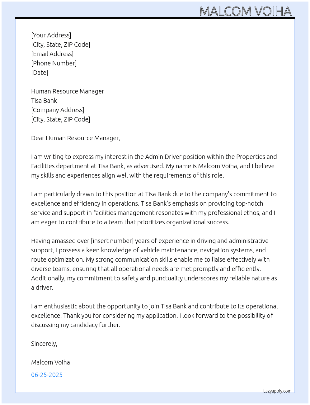 Admin driver (properties and facilities) At Tisa bank Cover Letter