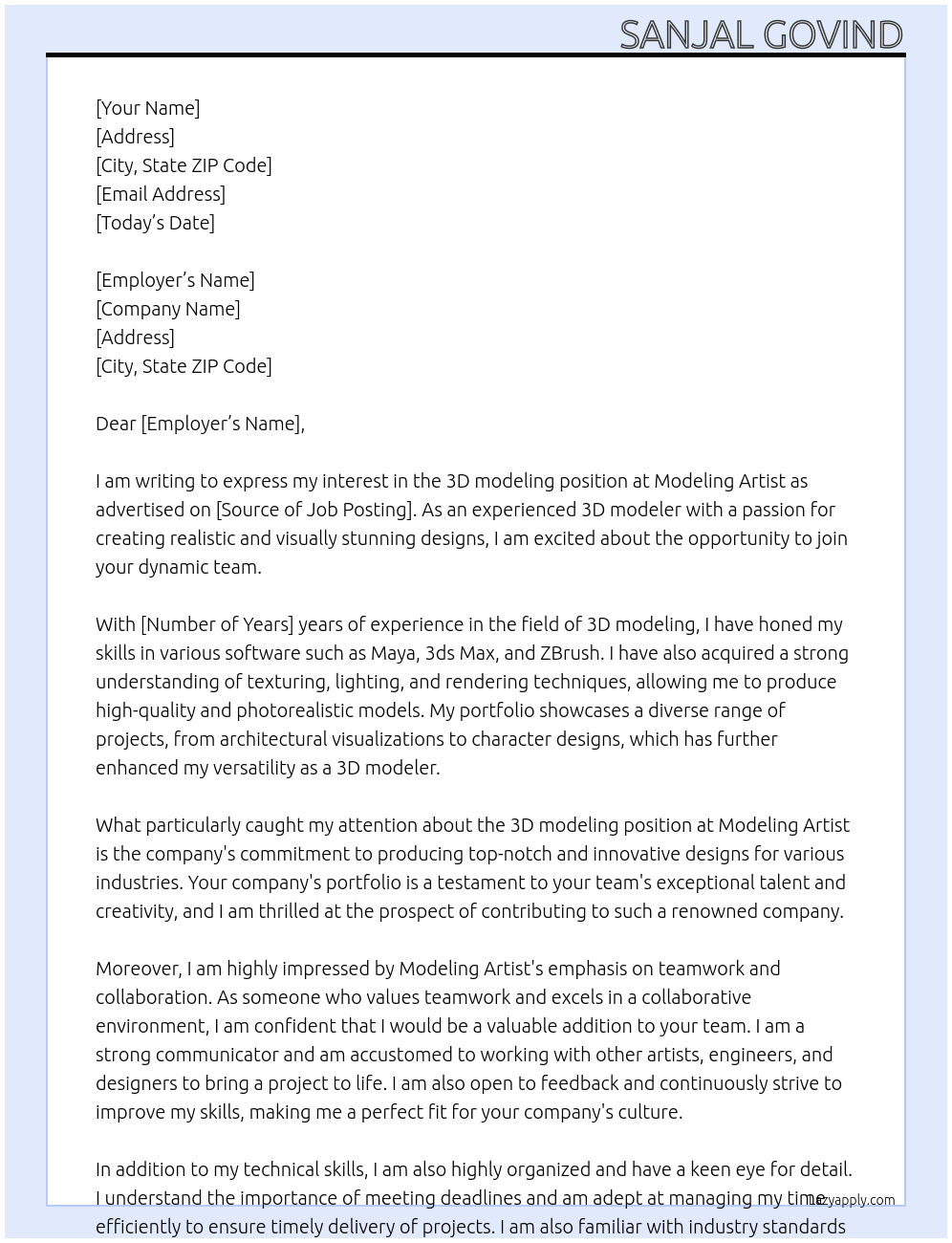 3d modeling At Modeling artist Cover Letter