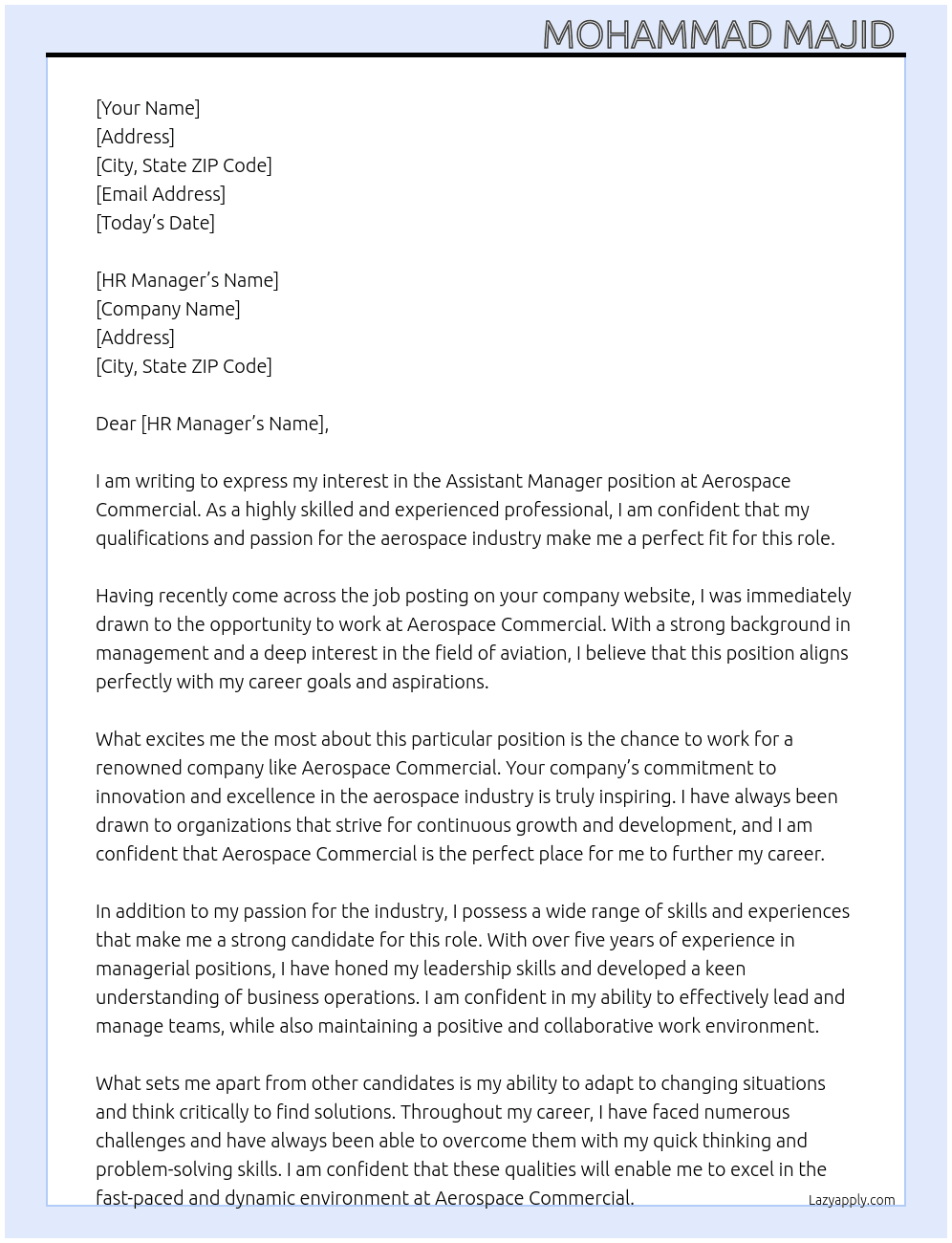 Assistant manager  At Aerospace commerical  Cover Letter