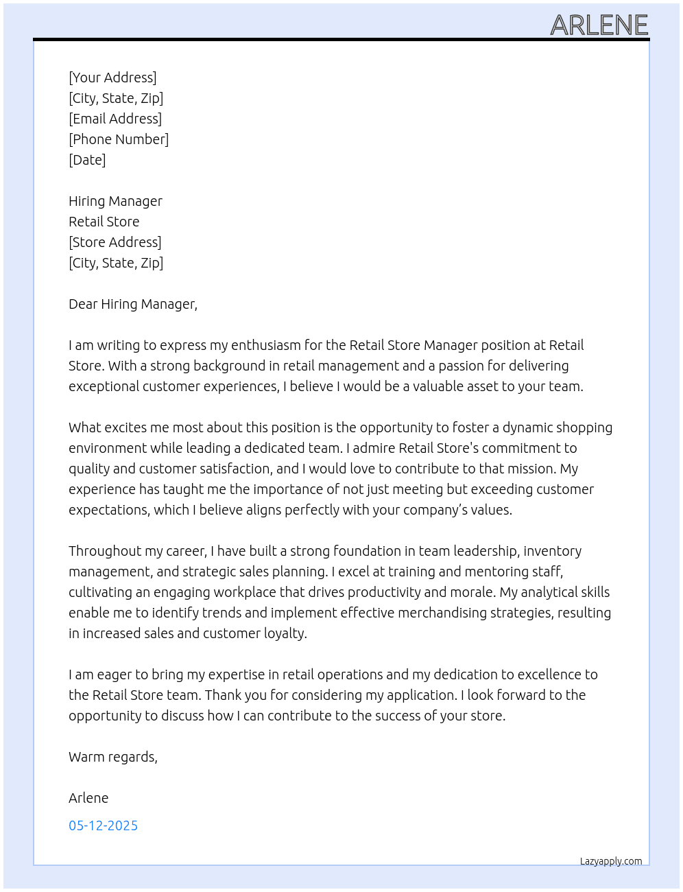 retail store manager At retail store Cover Letter