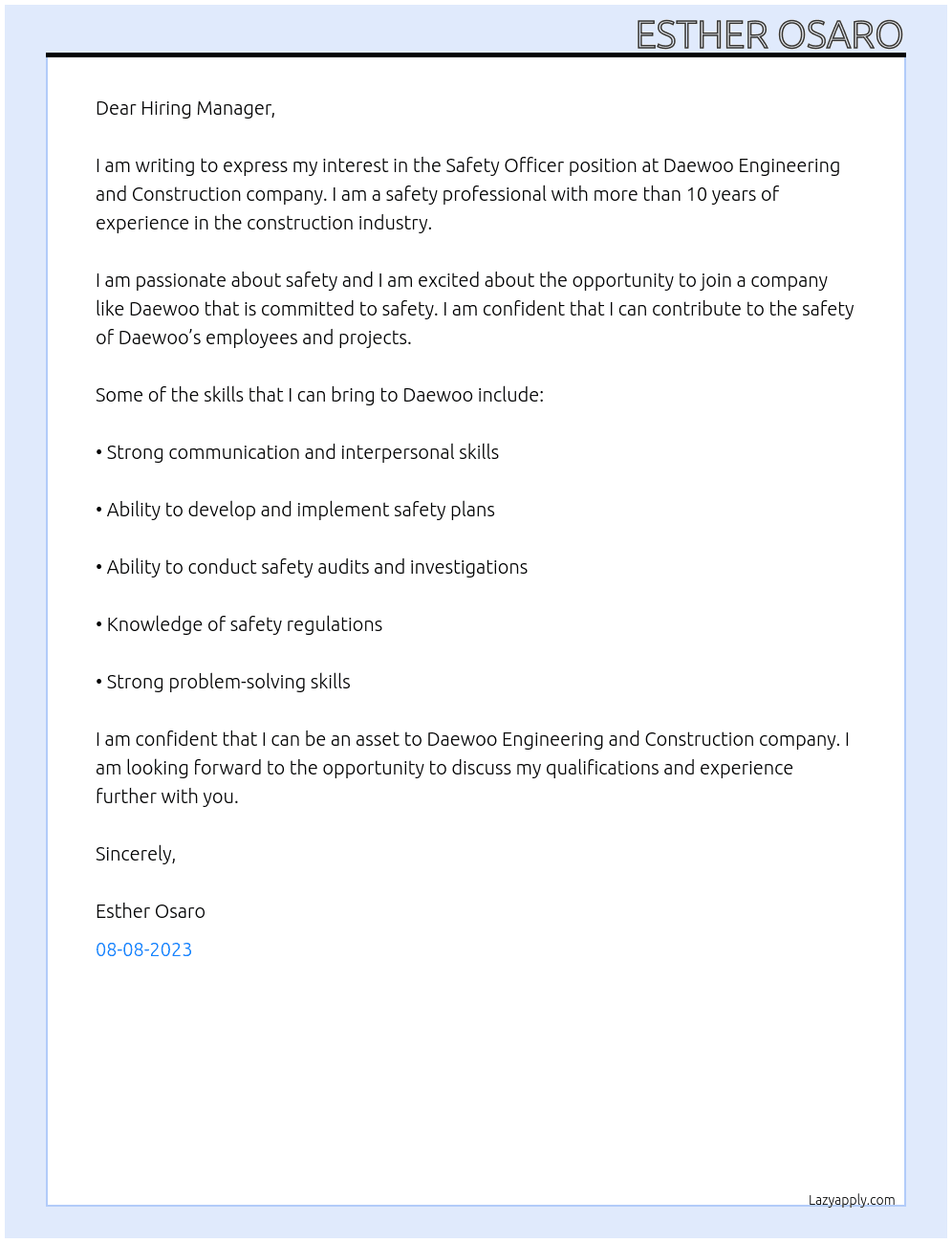 Safety Officer  At Daewoo Engineering and construction company  Cover Letter