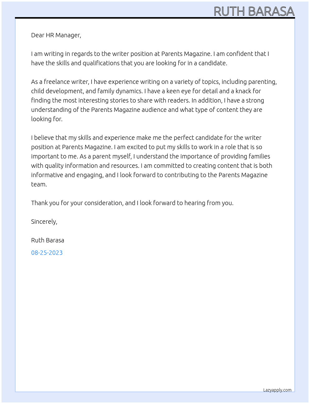 writer At parents magazine Cover Letter