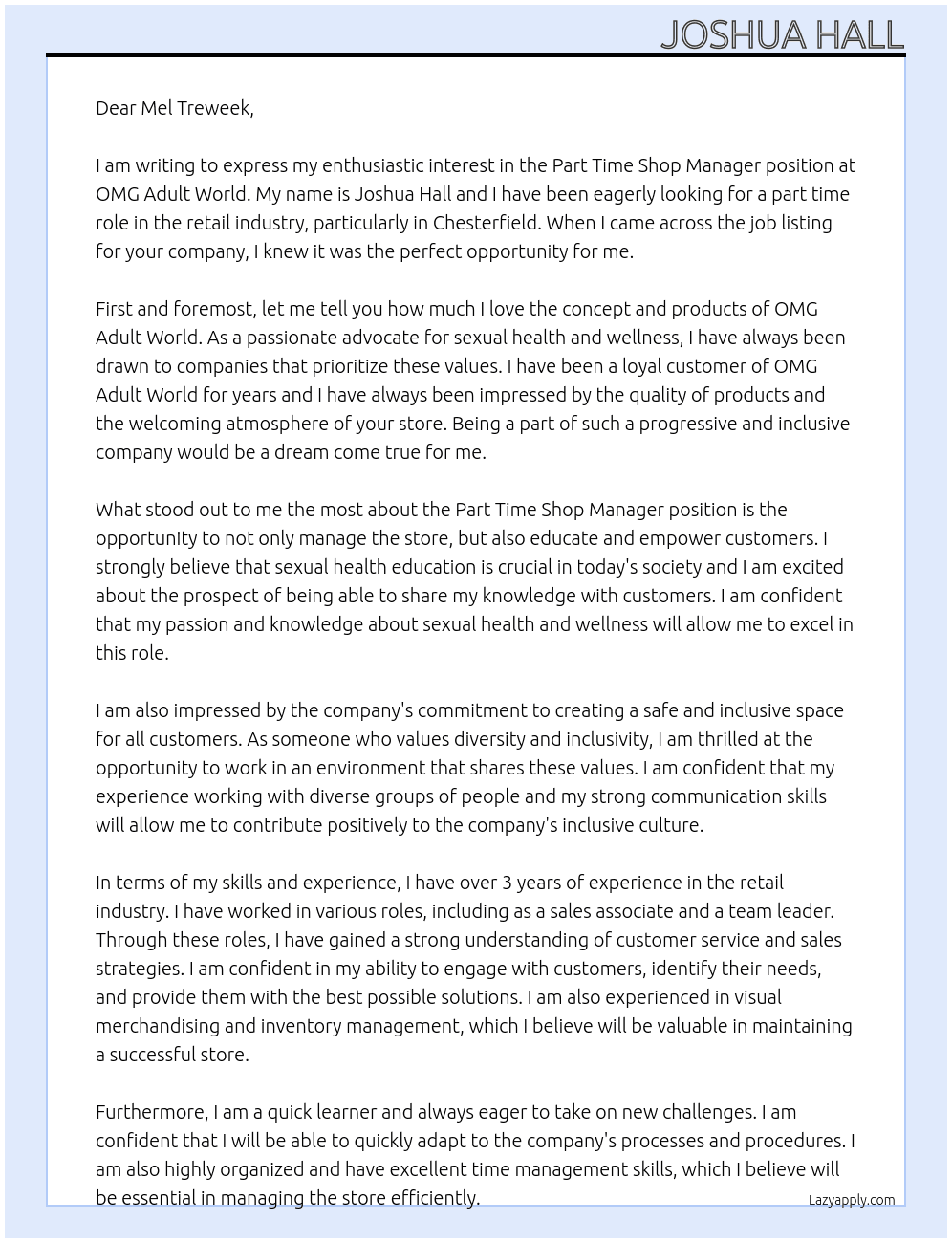 Part time shop manager  At OMG Adult World Cover Letter
