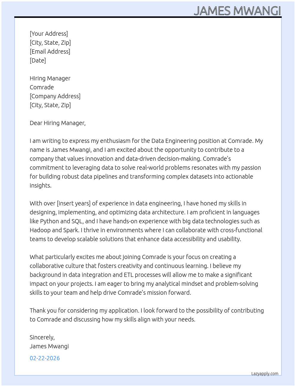 data engineering At Comrade Cover Letter