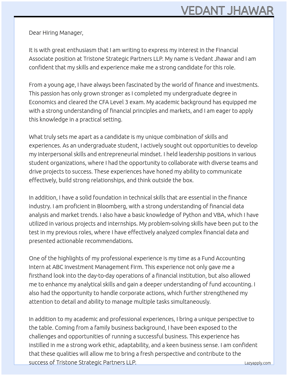Financial Associate At Tristone Strategic Partners LLP Cover Letter