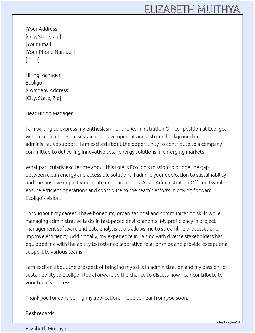 Administration Officer  At Ecoligo Cover Letter