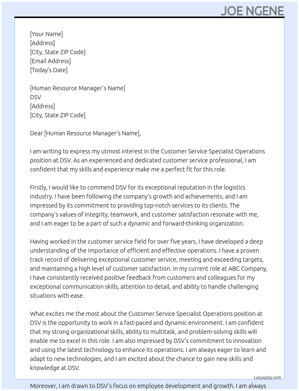 customer service specialist operations At dsv Cover Letter