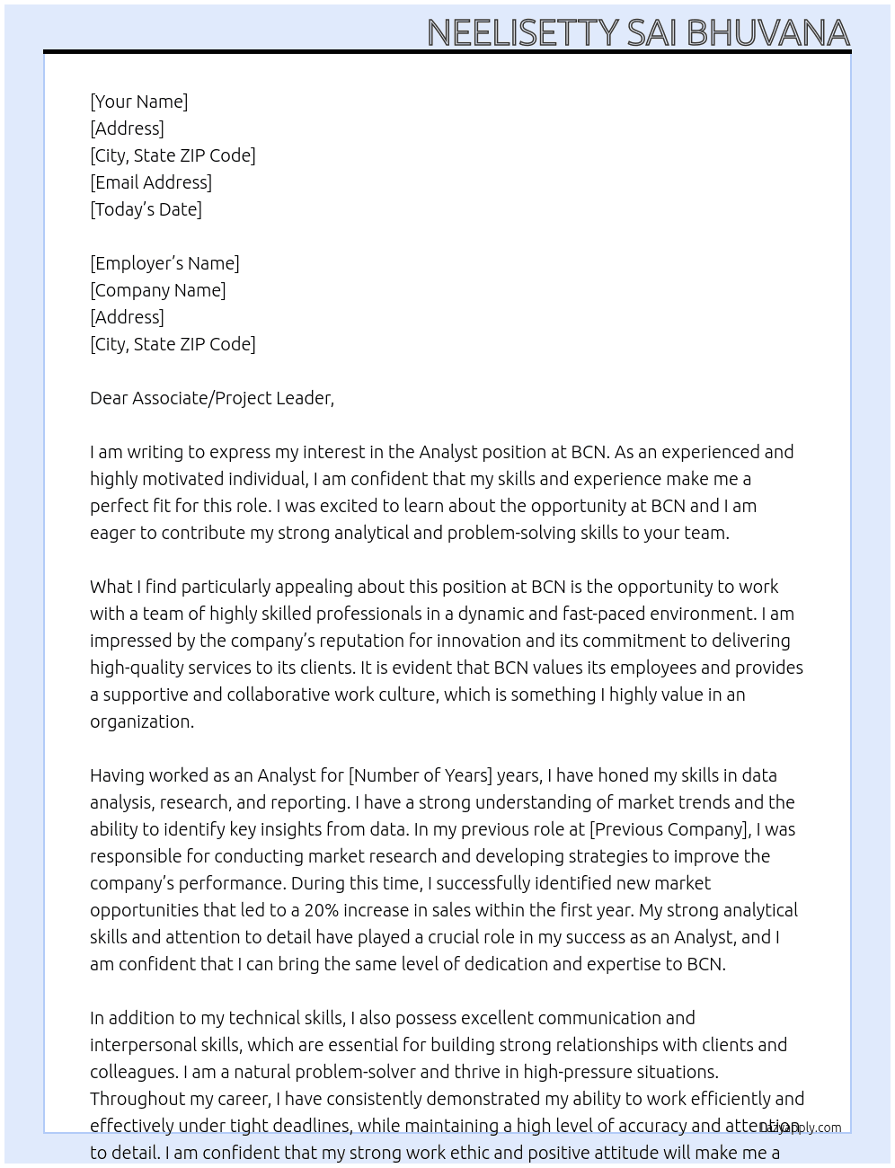 Analyst At BCN Cover Letter