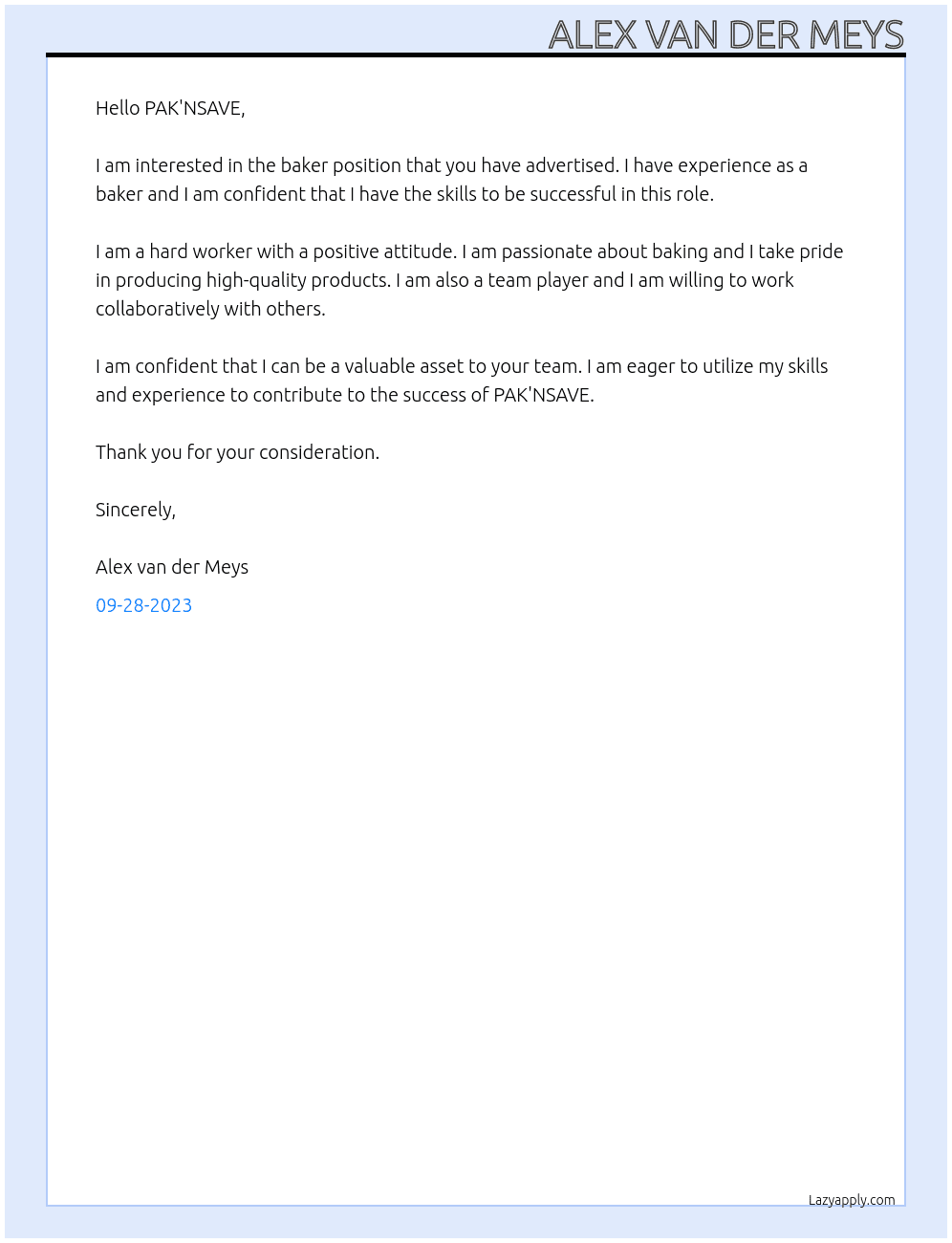 Baker At PAK'NSAVE Cover Letter