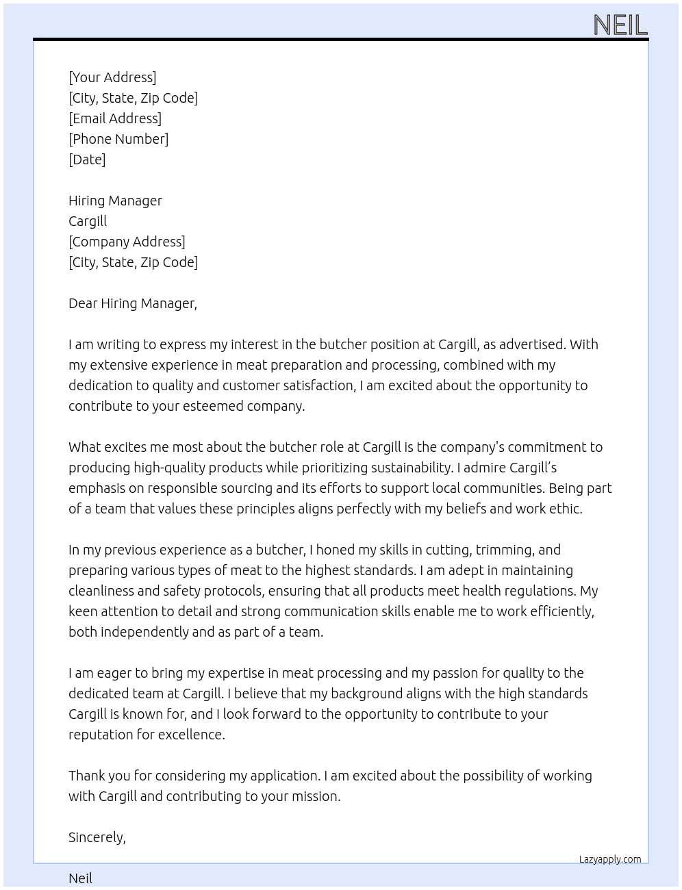 Cover letter for butcher - LazyApply