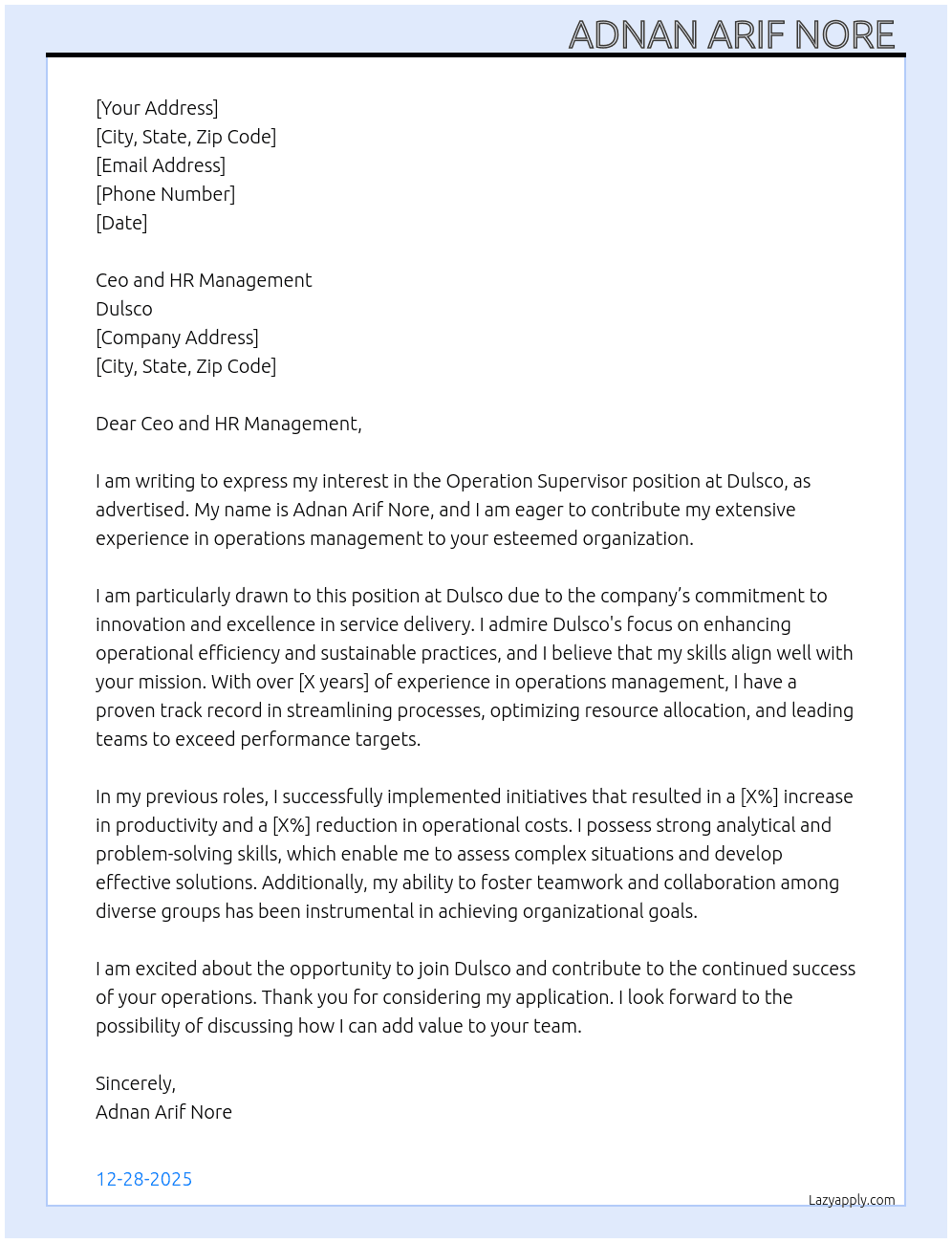 Cover letter for operation supervisor - LazyApply