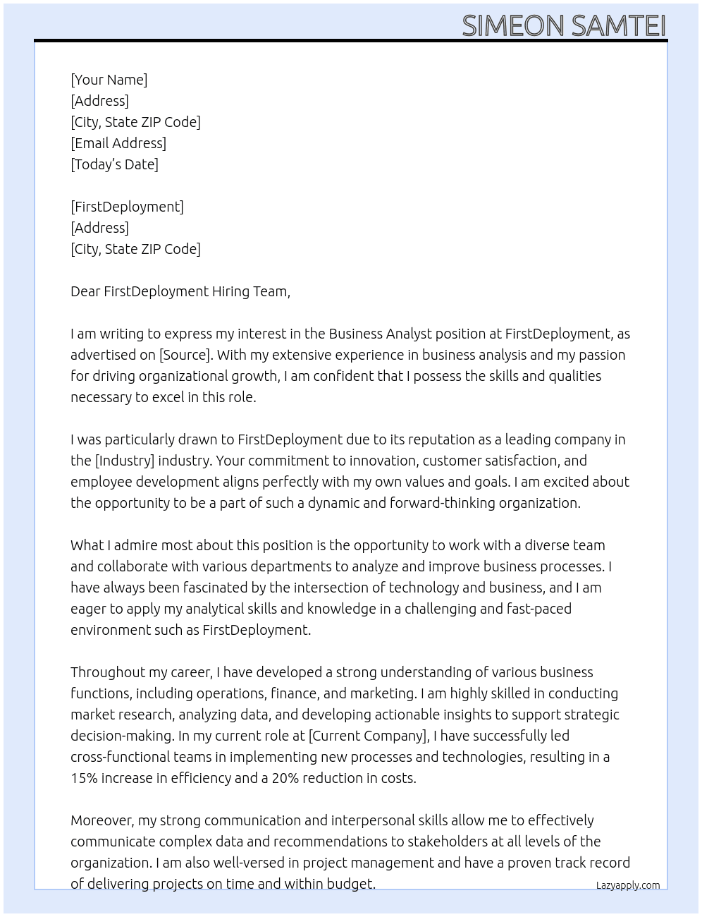 business Analyst At FirstDeployment Cover Letter