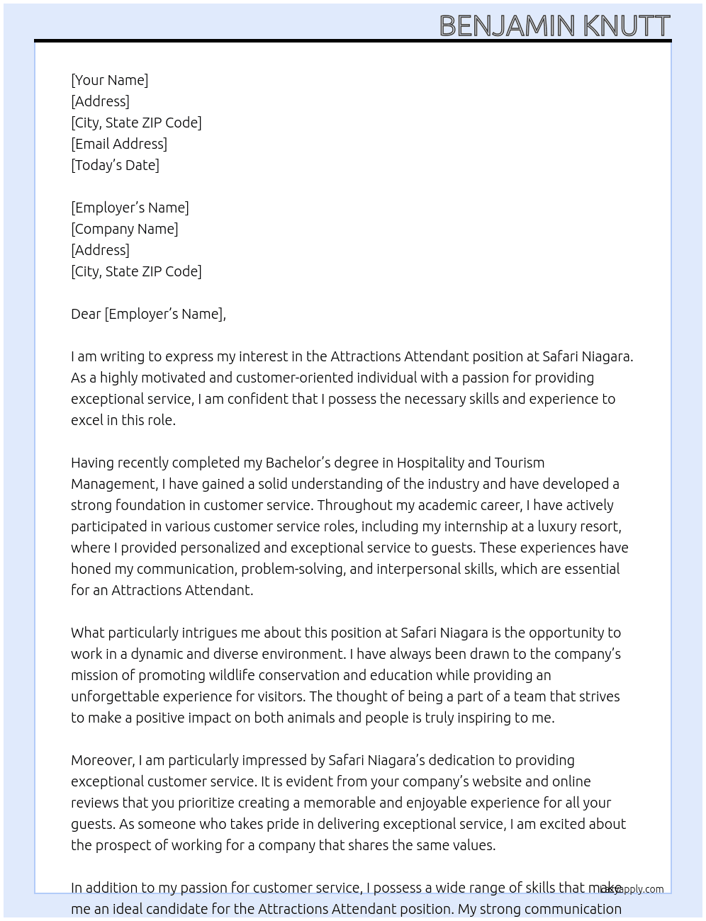 Attractions Attendant At Safari Niagara Cover Letter