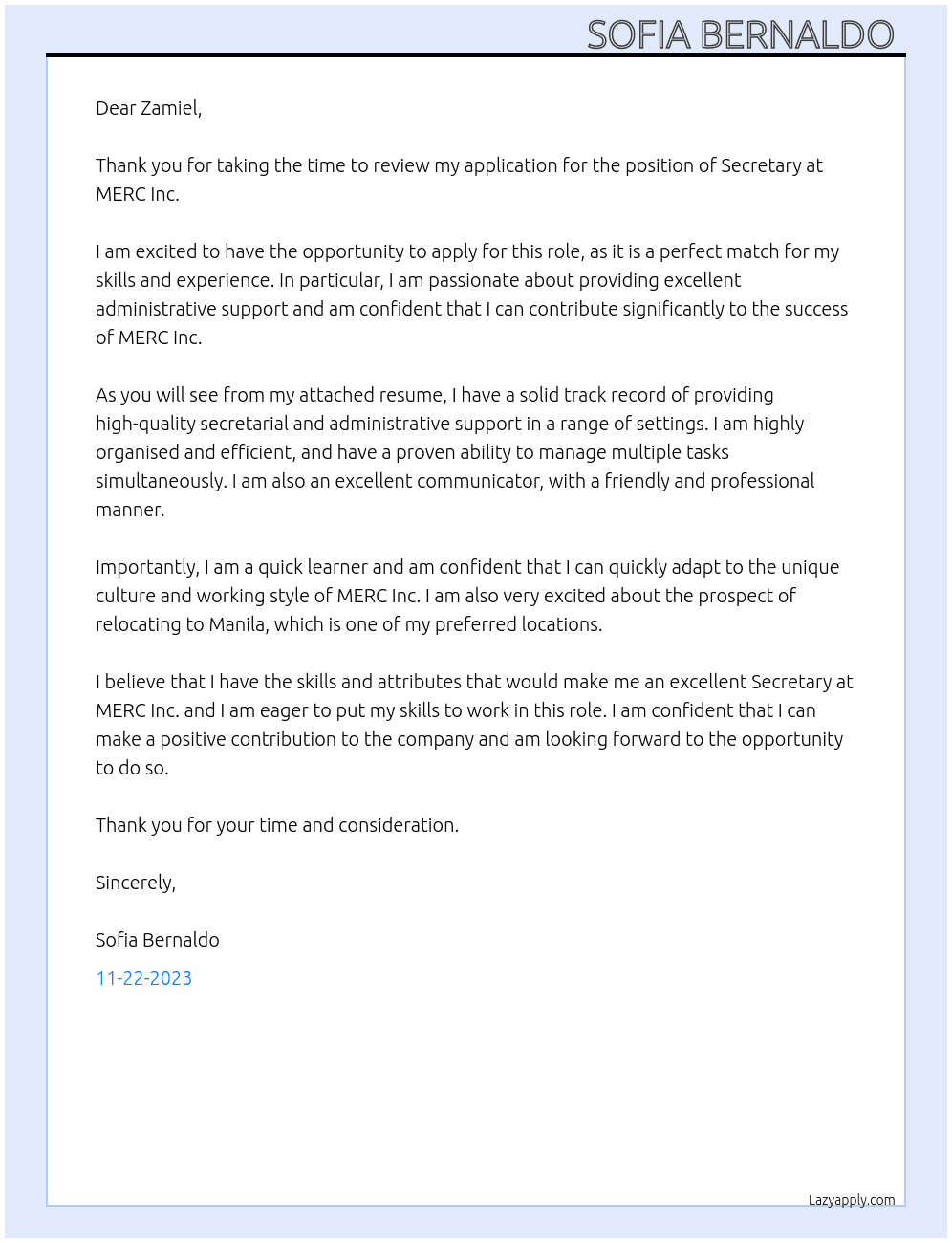 Secretary  At MERC Inc Cover Letter