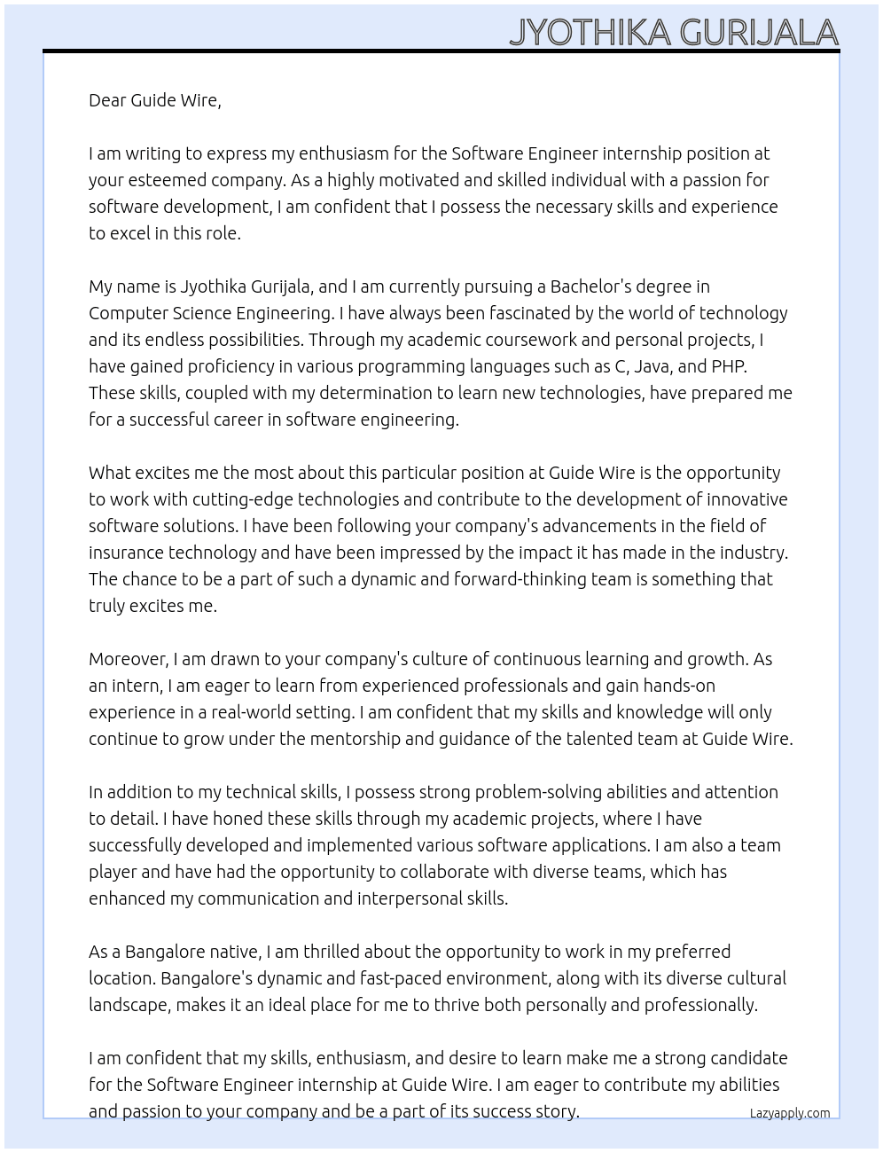 Software Engineer At Guide wire Cover Letter