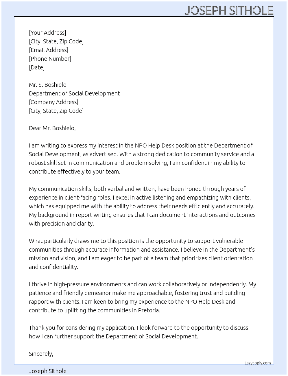 NPO HELP DESK At Deaprtment of Social Development Cover Letter